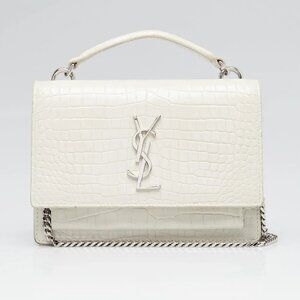 Yves Saint Laurent White Crocodile Embossed Leather Sunset Wallet on Chain Bag